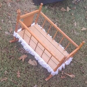 Full Size Handmade Wooden Doll Cradle with Lace Trim
